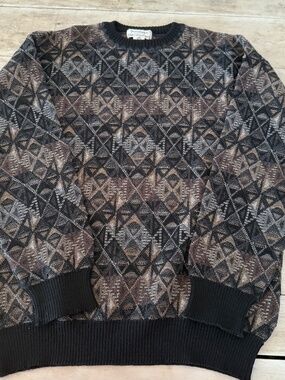VTG Tricots St Raphael Bloomingdales Sweater Wool Men MED Diamond Abstract 1990s